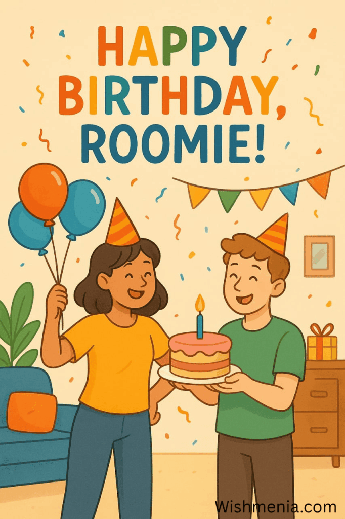 Two roommates celebrating with balloons and cake in a cozy room, sharing joyful birthday wishes for roommate with cheerful decorations and confetti.
