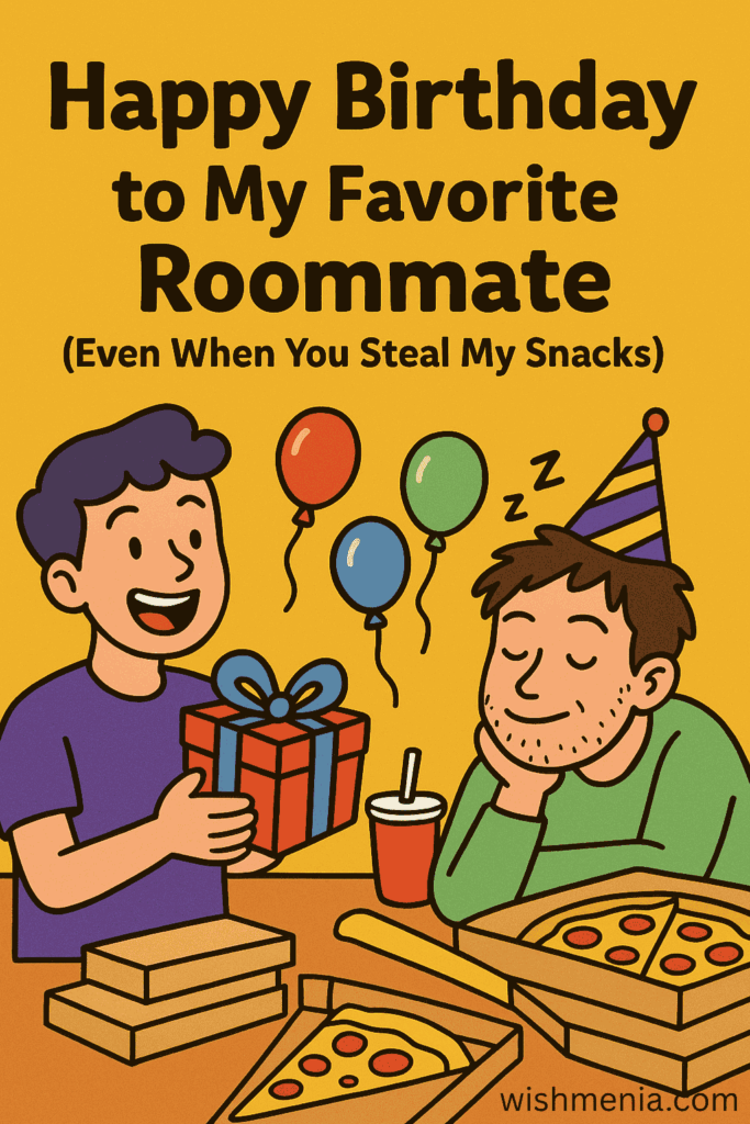 Funny cartoon of two roommates celebrating with pizza and balloons, featuring the text “Happy Birthday to My Favourite Roommate.”