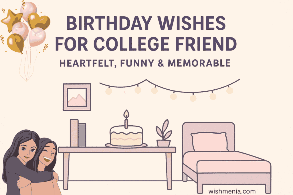 Heartfelt & Funny Birthday Wishes for College Friend Aesthetic minimalist birthday card for a college friend showing a cozy dorm room with a cake, books, string lights, and text saying “Birthday Wishes for College Friend – Heartfelt, Funny & Memorable” by Wishmenia